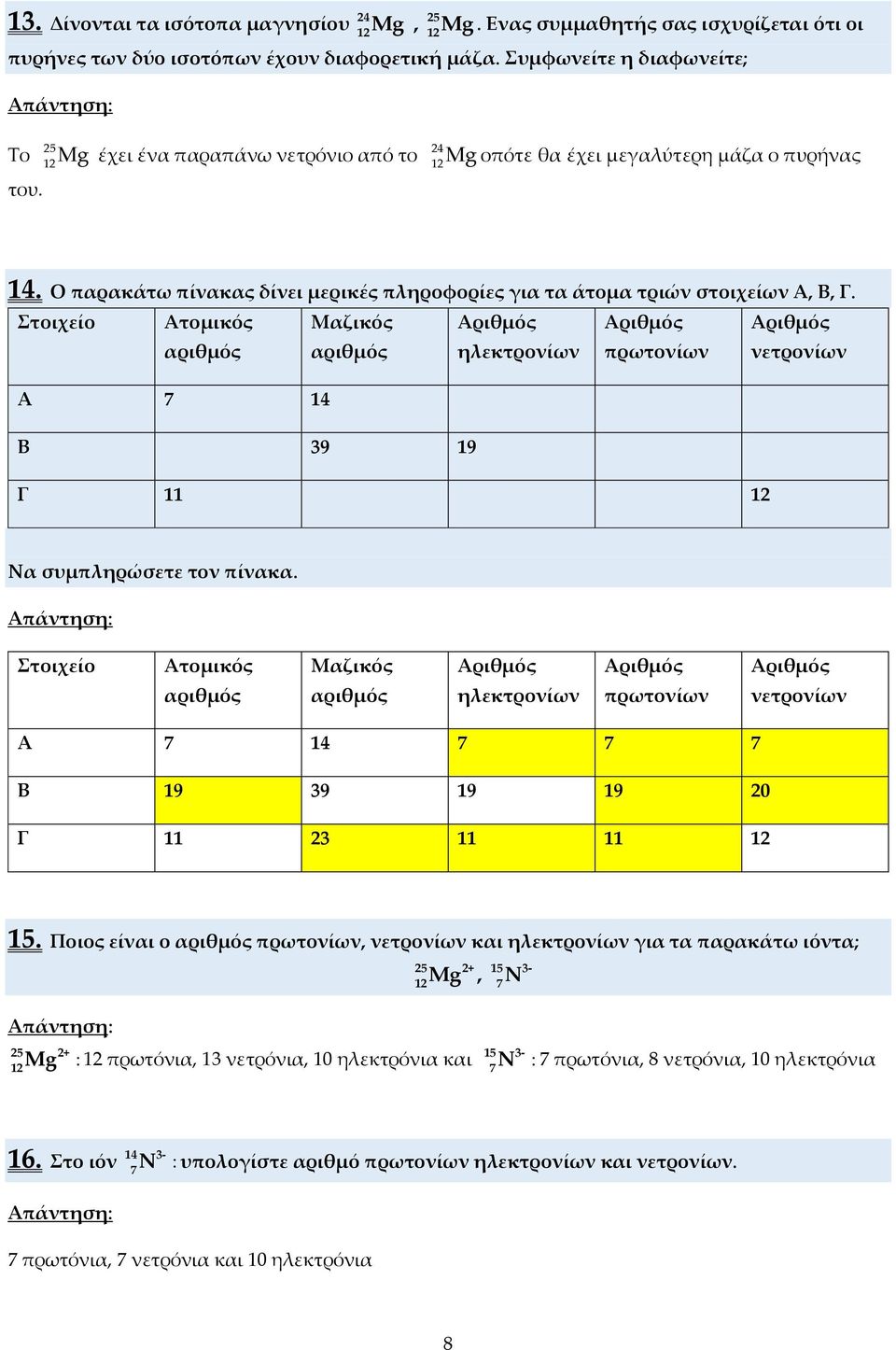 Στοιχείο Ατομικός Μαζικός ηλεκτρονίων πρωτονίων νετρονίων Α 7 14 Β 39 19 Γ 11 12 Να συμπληρώσετε τον πίνακα.