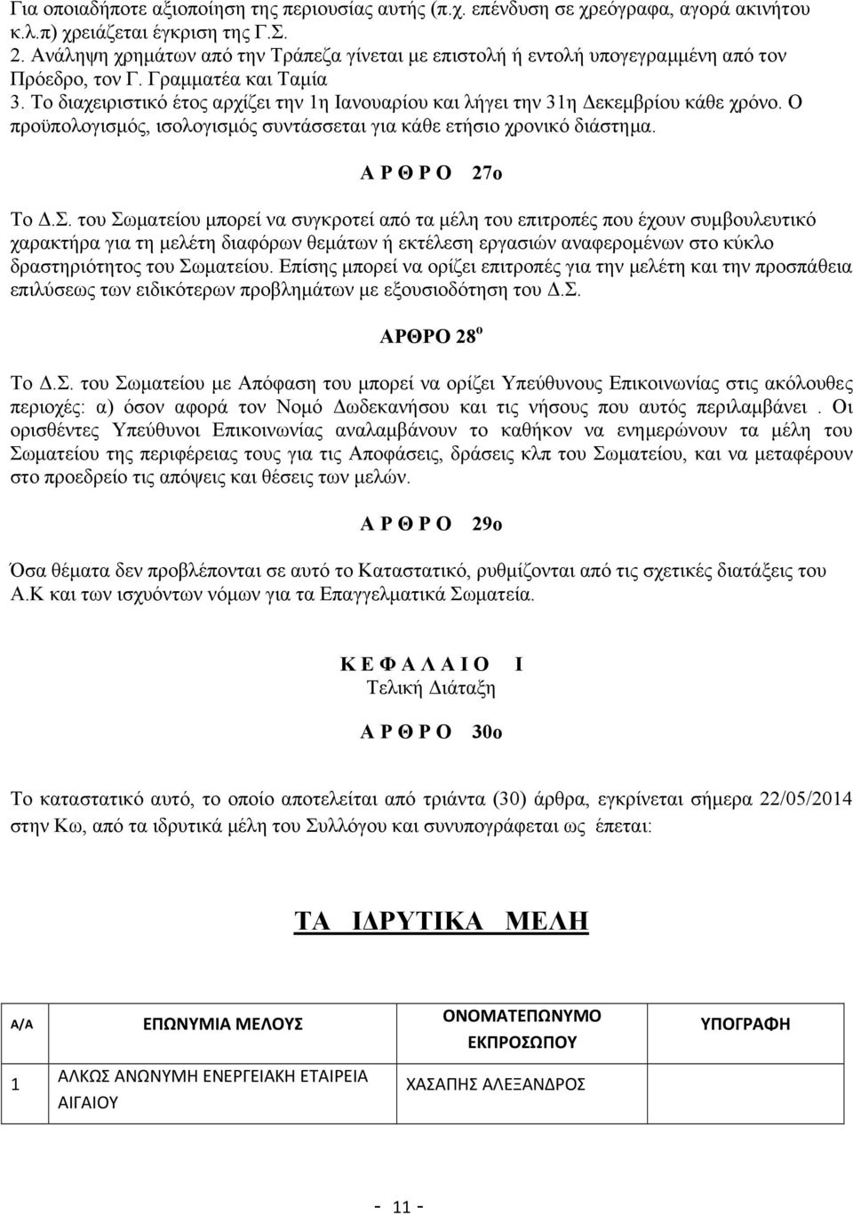 Το διαχειριστικό έτος αρχίζει την 1η Ιανουαρίου και λήγει την 31η Δεκεμβρίου κάθε χρόνο. Ο προϋπολογισμός, ισολογισμός συντάσσεται για κάθε ετήσιο χρονικό διάστημα. Α Ρ Θ Ρ Ο 27ο Το Δ.Σ.