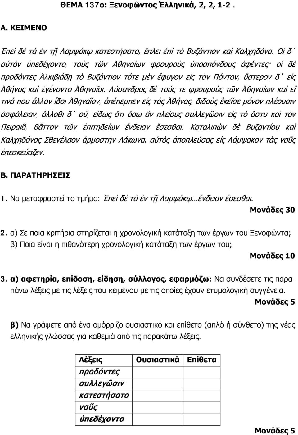 α) Σε ποια κριτήρια στηρίζεται η χρονολογική κατάταξη των έργων του Ξενοφώντα; β) Ποια είναι η πιθανότερη χρονολογική κατάταξη των έργων