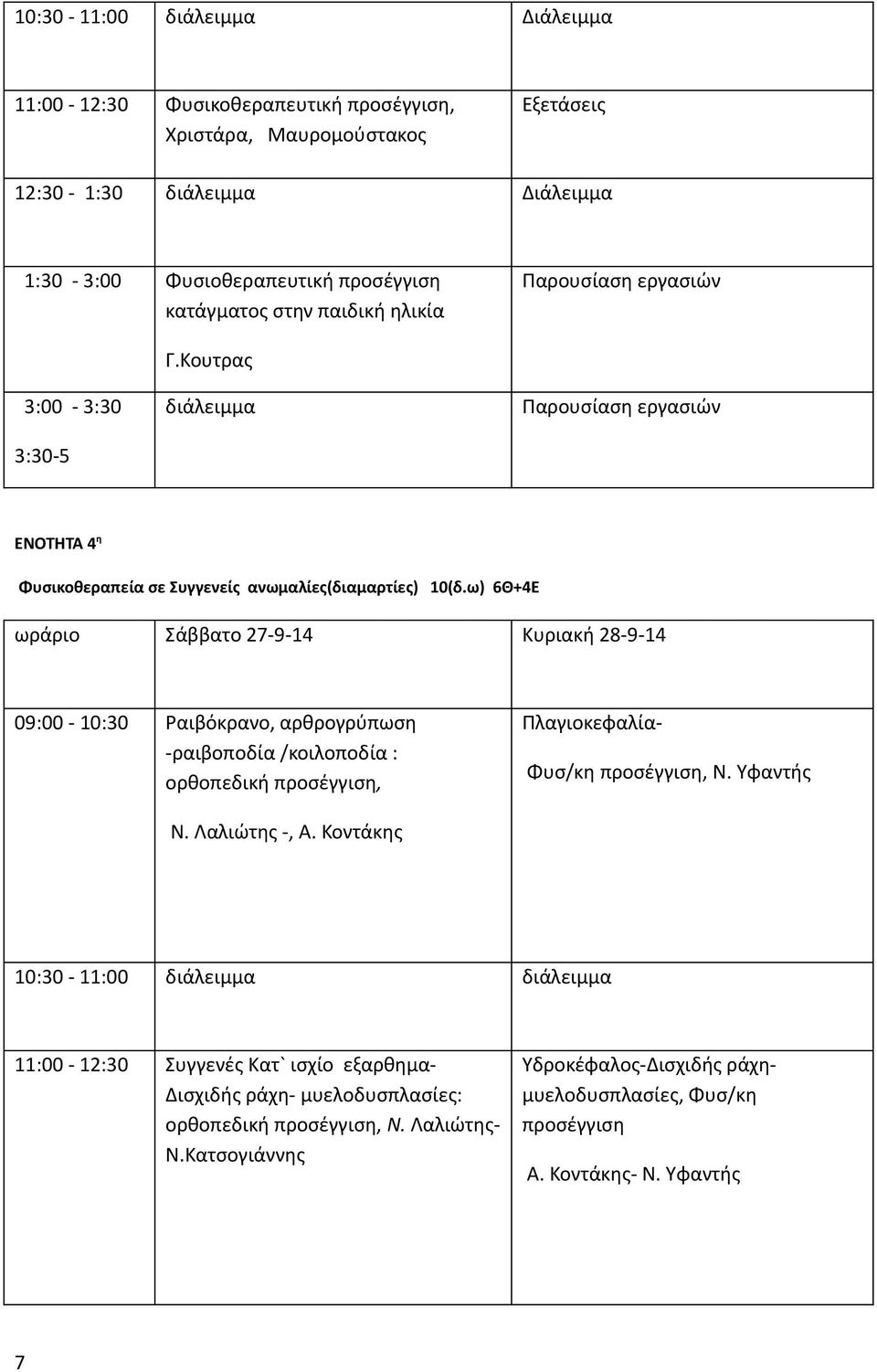 ω) 6Θ+4Ε ωράριο Σάββατο 27-9-14 Κυριακή 28-9-14 09:00-10:30 Ραιβόκρανο, αρθρογρύπωση -ραιβοποδία /κοιλοποδία : ορθοπεδική προσέγγιση, Πλαγιοκεφαλία- Φυσ/κη προσέγγιση, Ν. Υφαντής Ν.