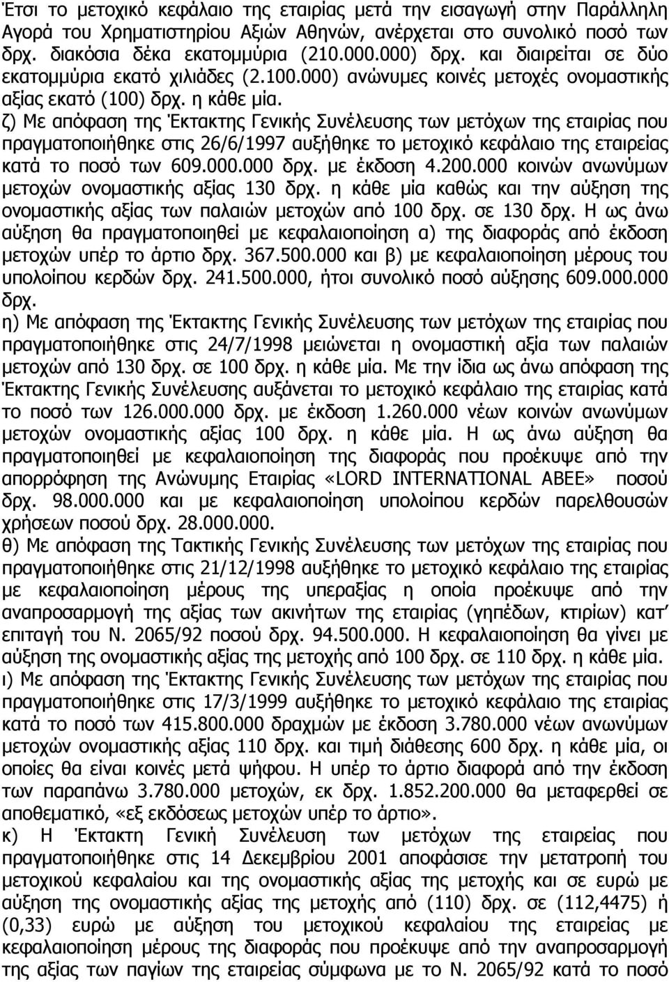 ζ) Mε απόφαση της Έκτακτης Γενικής Συνέλευσης των µετόχων της εταιρίας που πραγµατοποιήθηκε στις 26/6/1997 αυξήθηκε το µετοχικό κεφάλαιο της εταιρείας κατά το ποσό των 609.000.000 δρχ. µε έκδοση 4.