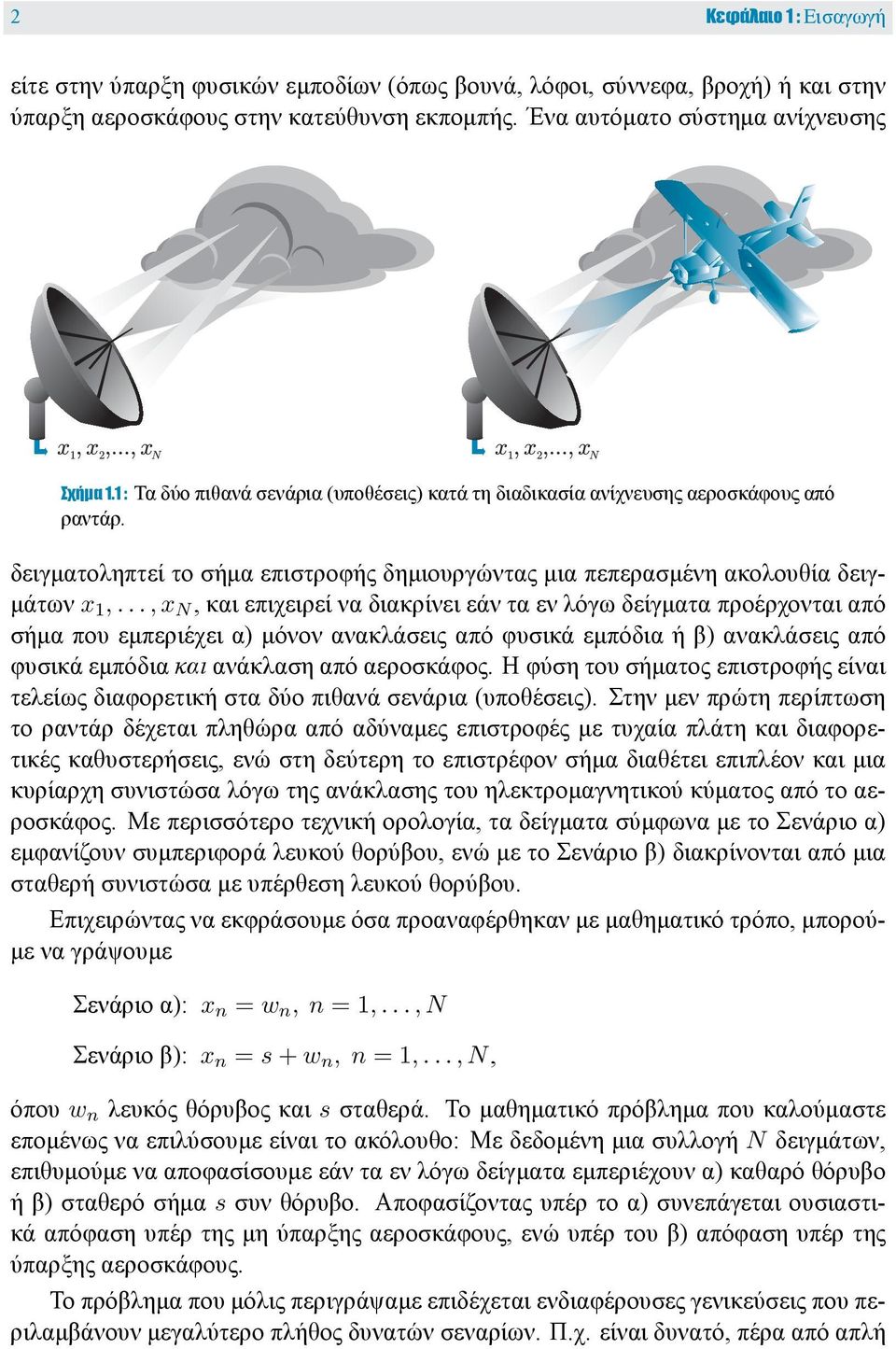 ..,x N, και επιχειρεί να διακρίνει εάν τα εν λόγω δείγματα προέρχονται από σήμα που εμπεριέχει α) μόνον ανακλάσεις από φυσικά εμπόδια ή β) ανακλάσεις από φυσικά εμπόδια και ανάκλαση από αεροσκάφος.