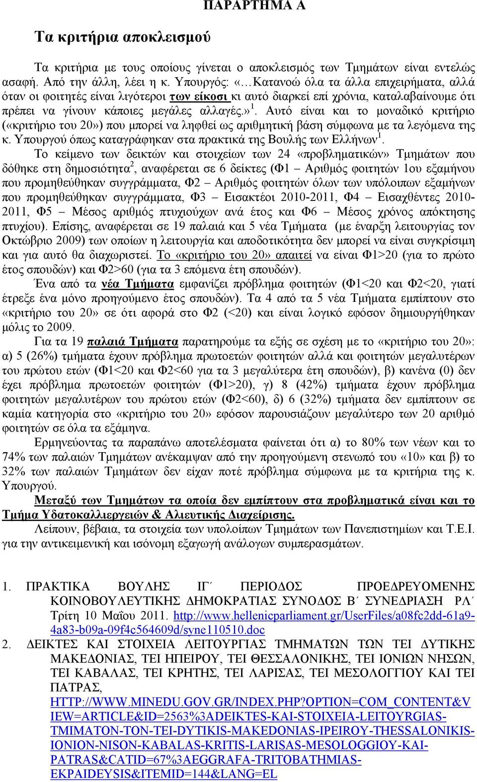 Αυτό είναι και το μοναδικό κριτήριο («κριτήριο του 20») που μπορεί να ληφθεί ως αριθμητική βάση σύμφωνα με τα λεγόμενα της κ. Υπουργού όπως καταγράφηκαν στα πρακτικά της Βουλής των Ελλήνων 1.