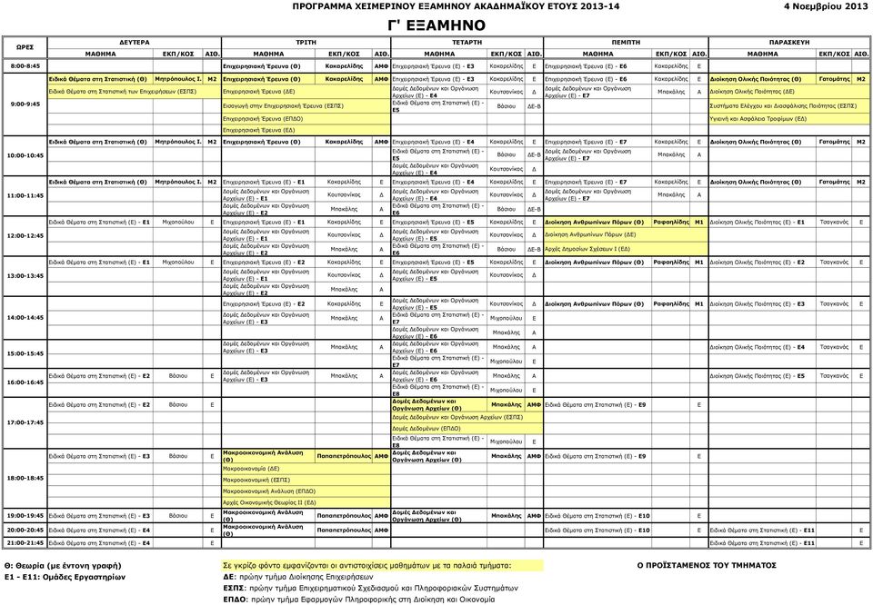 8:00-8:45 Επιχειρησιακή Έρευνα Κακαρελίδης ΜΦ Επιχειρησιακή Έρευνα (Ε) - Ε3 Κακαρελίδης Ε Επιχειρησιακή Έρευνα (Ε) - Ε6 Κακαρελίδης Ε 9:00-9:45 Ειδικά Θέματα στη Στατιστική Μητρόπουλος Ι.