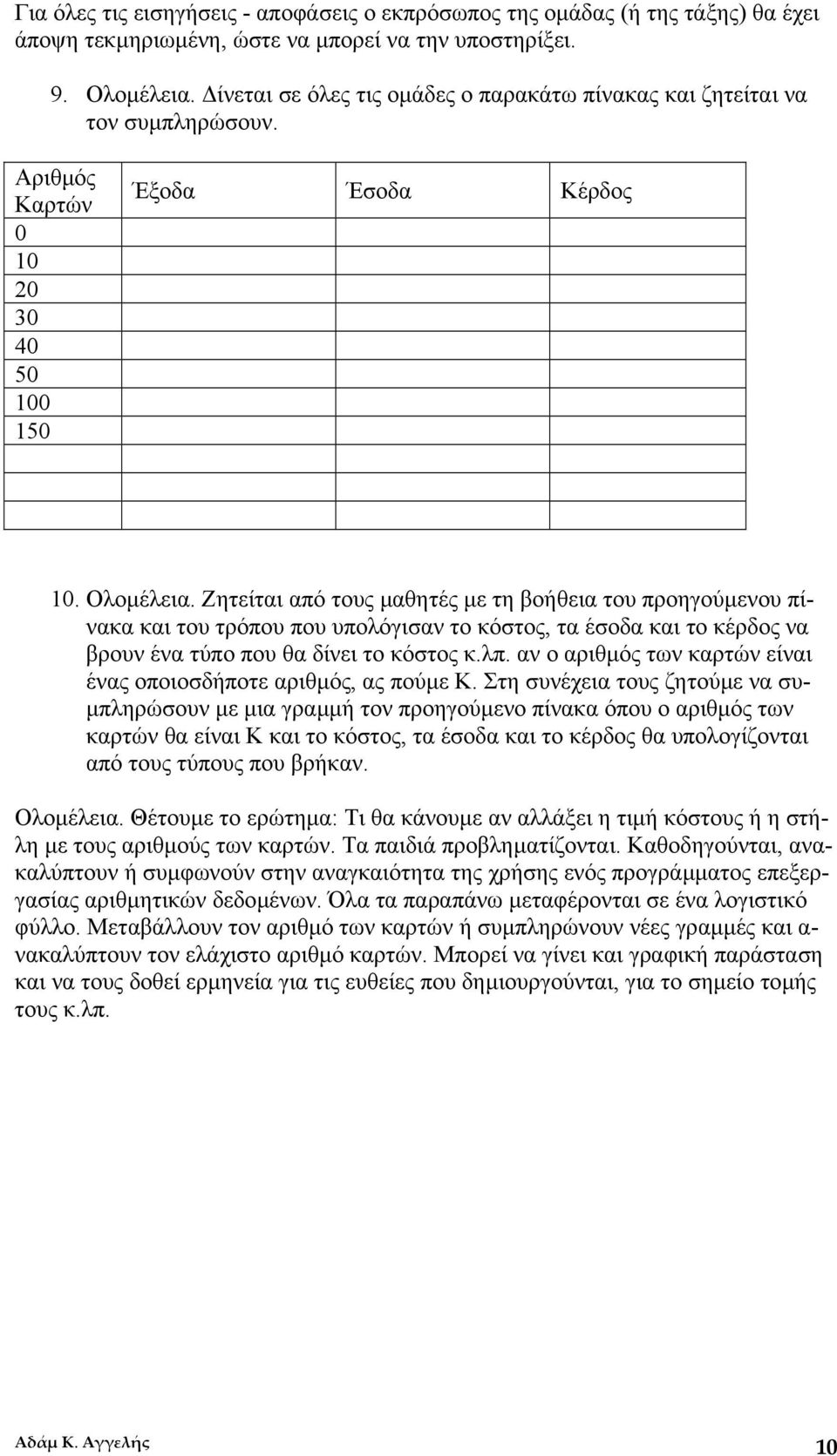 Ζητείται από τους µαθητές µε τη βοήθεια του προηγούµενου πίνακα και του τρόπου που υπολόγισαν το κόστος, τα έσοδα και το κέρδος να βρουν ένα τύπο που θα δίνει το κόστος κ.λπ.