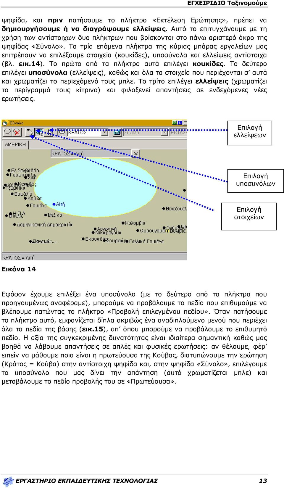 Τα τρία επόμενα πλήκτρα της κύριας μπάρας εργαλείων μας επιτρέπουν να επιλέξουμε στοιχεία (κουκίδες), υποσύνολα και ελλείψεις αντίστοιχα (βλ. εικ.14). Το πρώτο από τα πλήκτρα αυτά επιλέγει κουκίδες.