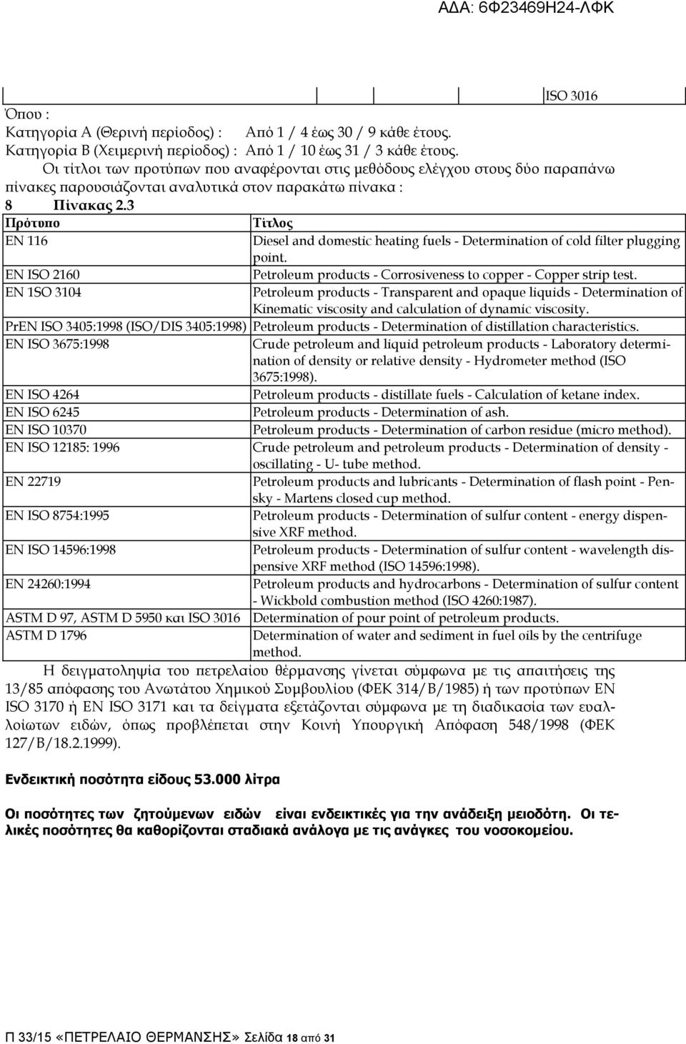 3 Πρότυπο Σίτλος EN 116 Diesel and domestic heating fuels - Determination of cold filter plugging point. EN ISO 2160 Petroleum products - Corrosiveness to copper - Copper strip test.