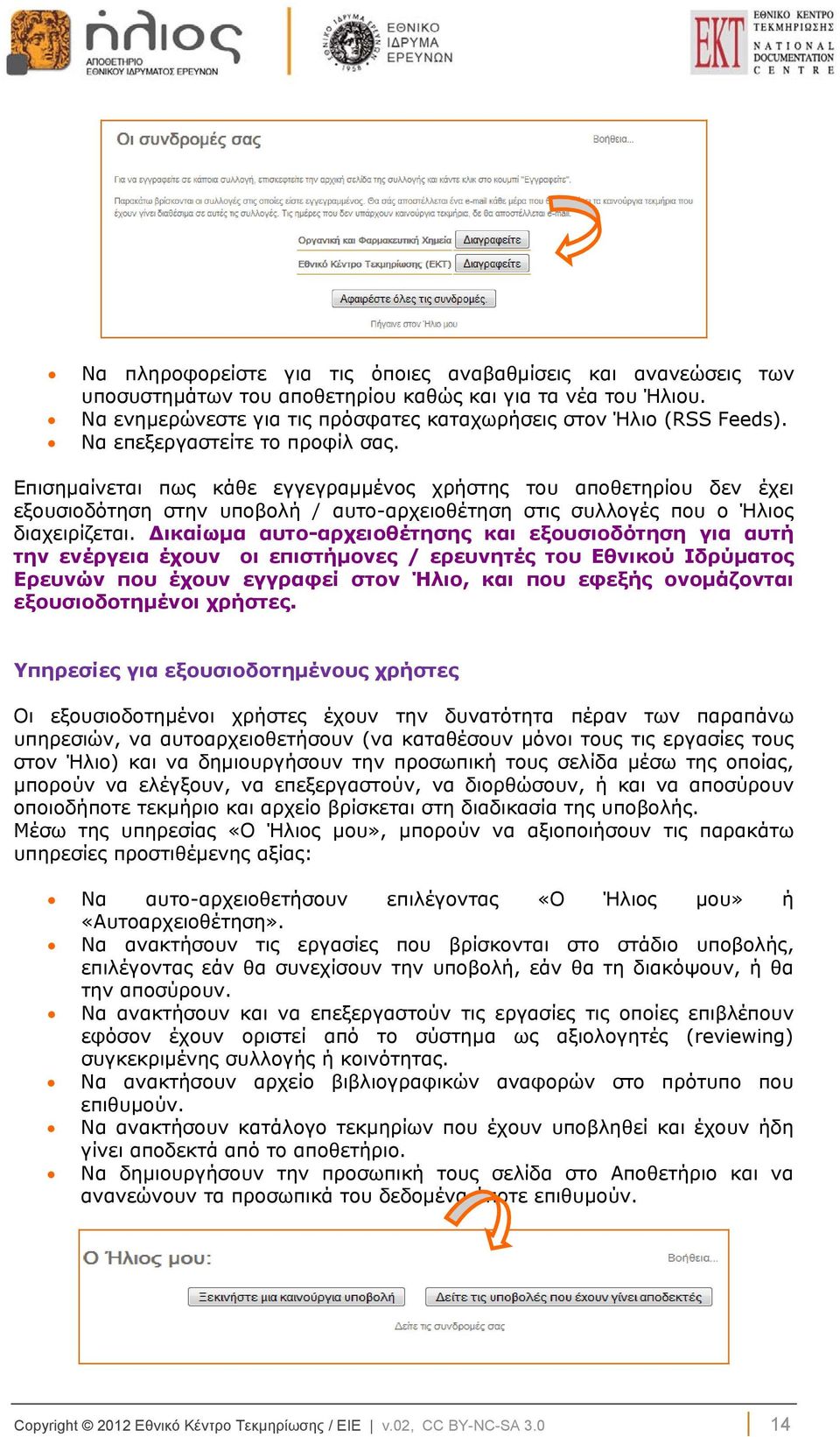 Δικαίωμα αυτο-αρχειοθέτησης και εξουσιοδότηση για αυτή την ενέργεια έχουν οι επιστήμονες / ερευνητές του Εθνικού Ιδρύματος Ερευνών που έχουν εγγραφεί στον Ήλιο, και που εφεξής ονομάζονται