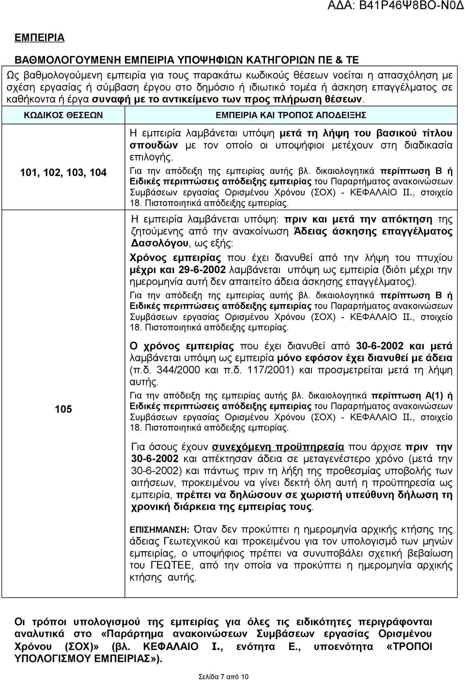 ΚΩΔΙΚΟΣ ΘΕΣΕΩΝ 101, 102, 103, 104 105 ΕΜΠΕΙΡΙΑ ΚΑΙ ΤΡΟΠΟΣ ΑΠΟΔΕΙΞΗΣ Η εμπειρία λαμβάνεται υπόψη μετά τη λήψη του βασικού τίτλου σπουδών με τον οποίο οι υποψήφιοι μετέχουν στη διαδικασία επιλογής.