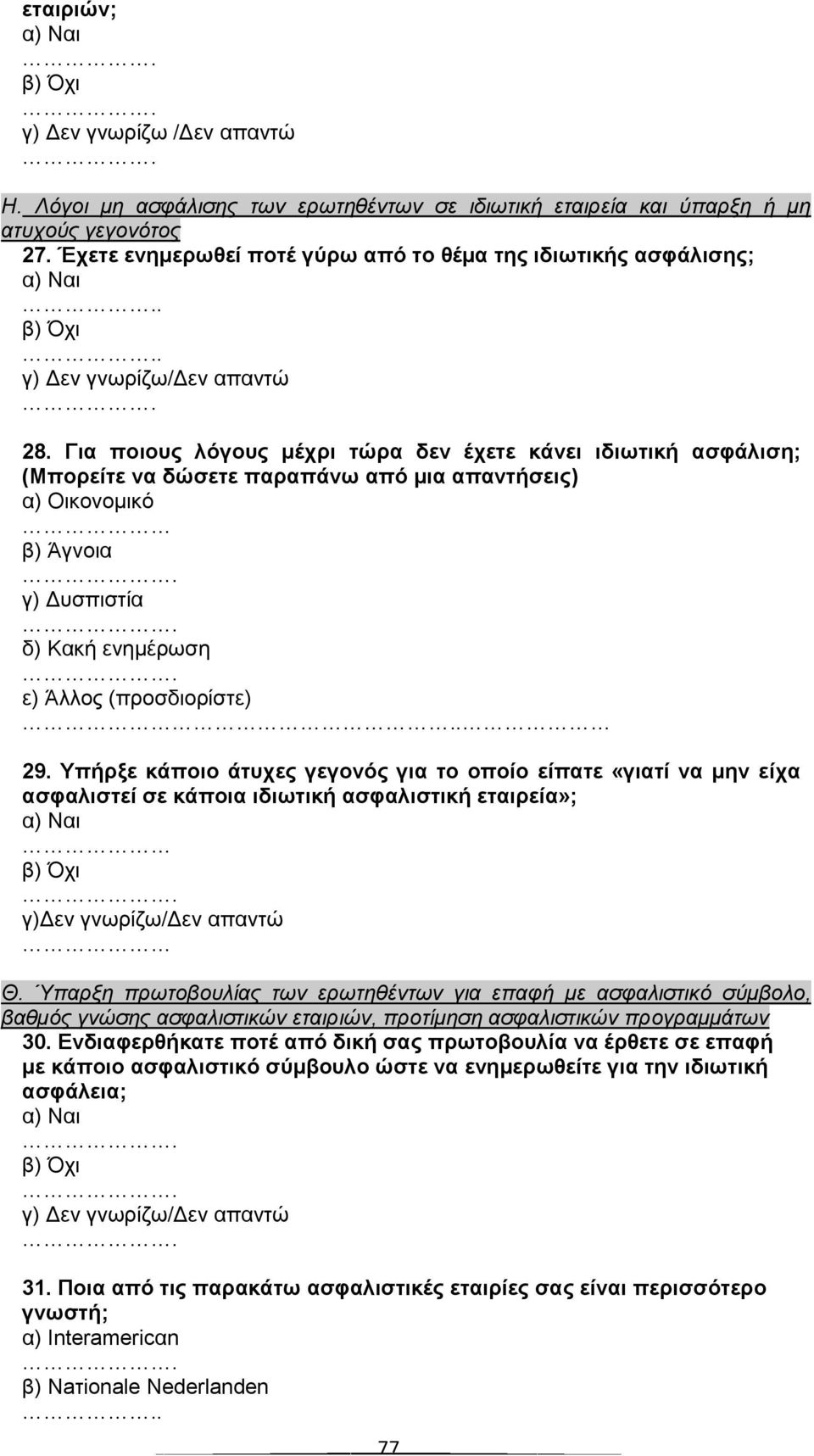 Γηα πνηνπο ιόγνπο κέρξη ηώξα δελ έρεηε θάλεη ηδηωηηθή αζθάιηζε; (Μπνξείηε λα δώζεηε παξαπάλω από κηα απαληήζεηο) α) Οηθνλνκηθό β) Άγλνηα. γ) Γπζπηζηία. δ) Καθή ελεκέξσζε. ε) Άιινο (πξνζδηνξίζηε).. 29.