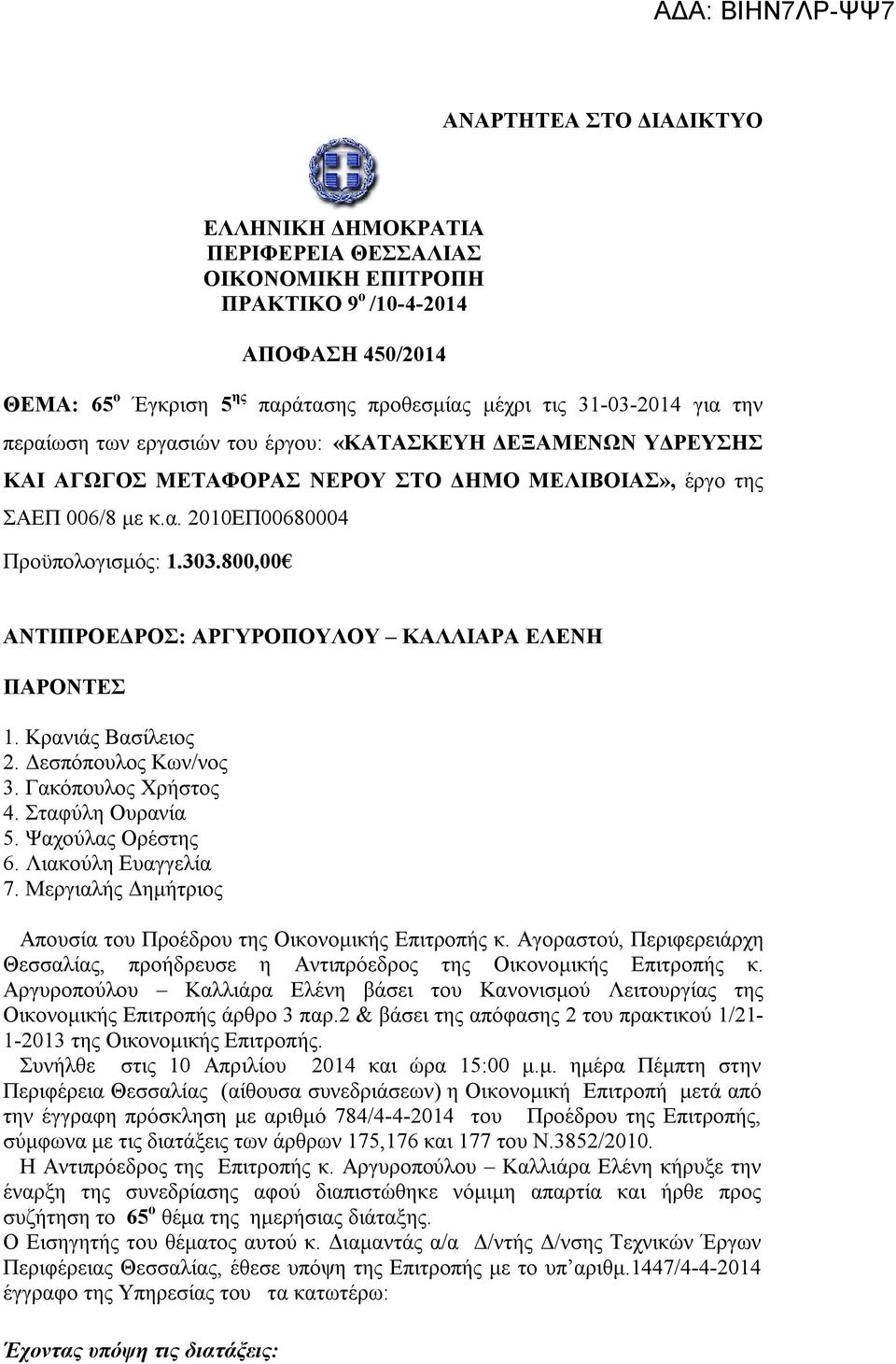 800,00 ΑΝΤΙΠΡΟΕΔΡΟΣ: ΑΡΓΥΡΟΠΟΥΛΟΥ ΚΑΛΛΙΑΡΑ ΕΛΕΝΗ ΠΑΡΟΝΤΕΣ 1. Κρανιάς Βασίλειος 2. Δεσπόπουλος Κων/νος 3. Γακόπουλος Χρήστος 4. Σταφύλη Ουρανία 5. Ψαχούλας Ορέστης 6. Λιακούλη Ευαγγελία 7.