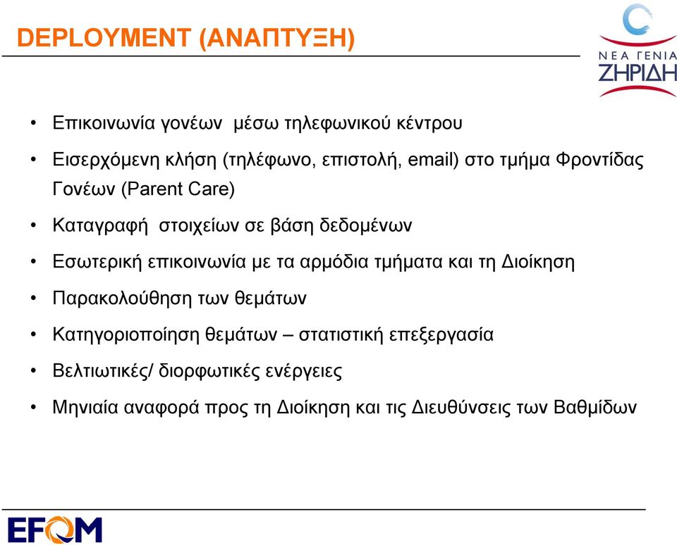 επικοινωνία με τα αρμόδια τμήματα και τη Διοίκηση Παρακολούθηση των θεμάτων Κατηγοριοποίηση θεμάτων