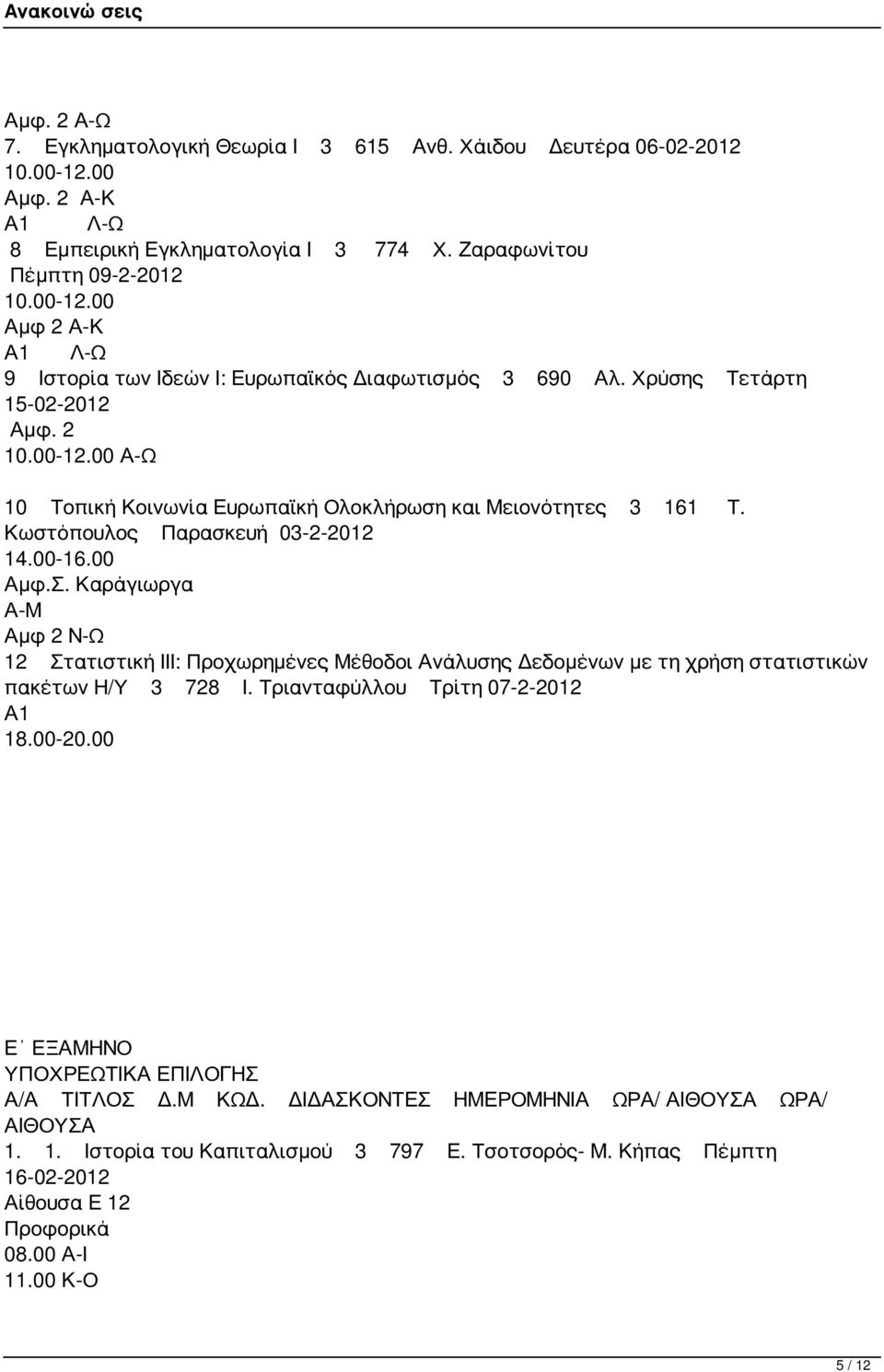 2 Α-Ω 10 Τοπική Κοινωνία Ευρωπαϊκή Ολοκλήρωση και Μειονότητες 3 161 Τ. Κωστόπουλος Παρασκευή 03-2-2012 14.00-16.00 Αμφ.Σ.