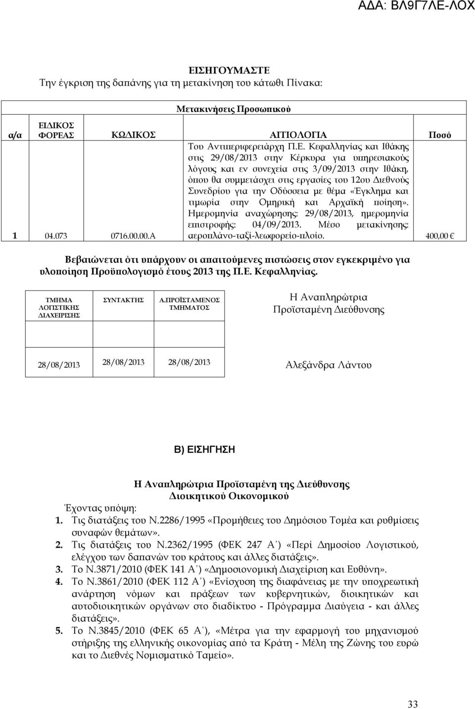 Ημερομηνία αναχώρησης: 29/08/2013, ημερομηνία επιστροφής: 04/09/2013. Μέσο μετακίνησης: 1 04.073 0716.00.00.Α αεροπλάνο-ταξί-λεωφορείο-πλοίο.