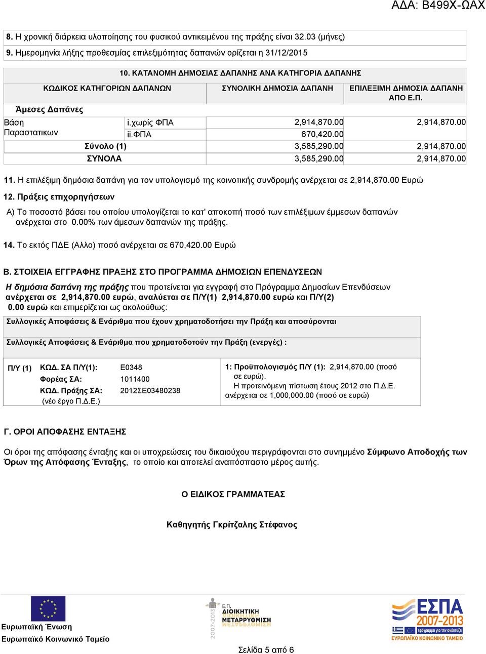 00 670,420.00 Σύνολο (1) 3,585,290.00 ΣΥΝΟΛΑ 2,914,870.00 2,914,870.00 3,585,290.00 2,914,870.00 11. Η επιλέξιμη δημόσια δαπάνη για τον υπολογισμό της κοινοτικής συνδρομής ανέρχεται σε 2,914,870.