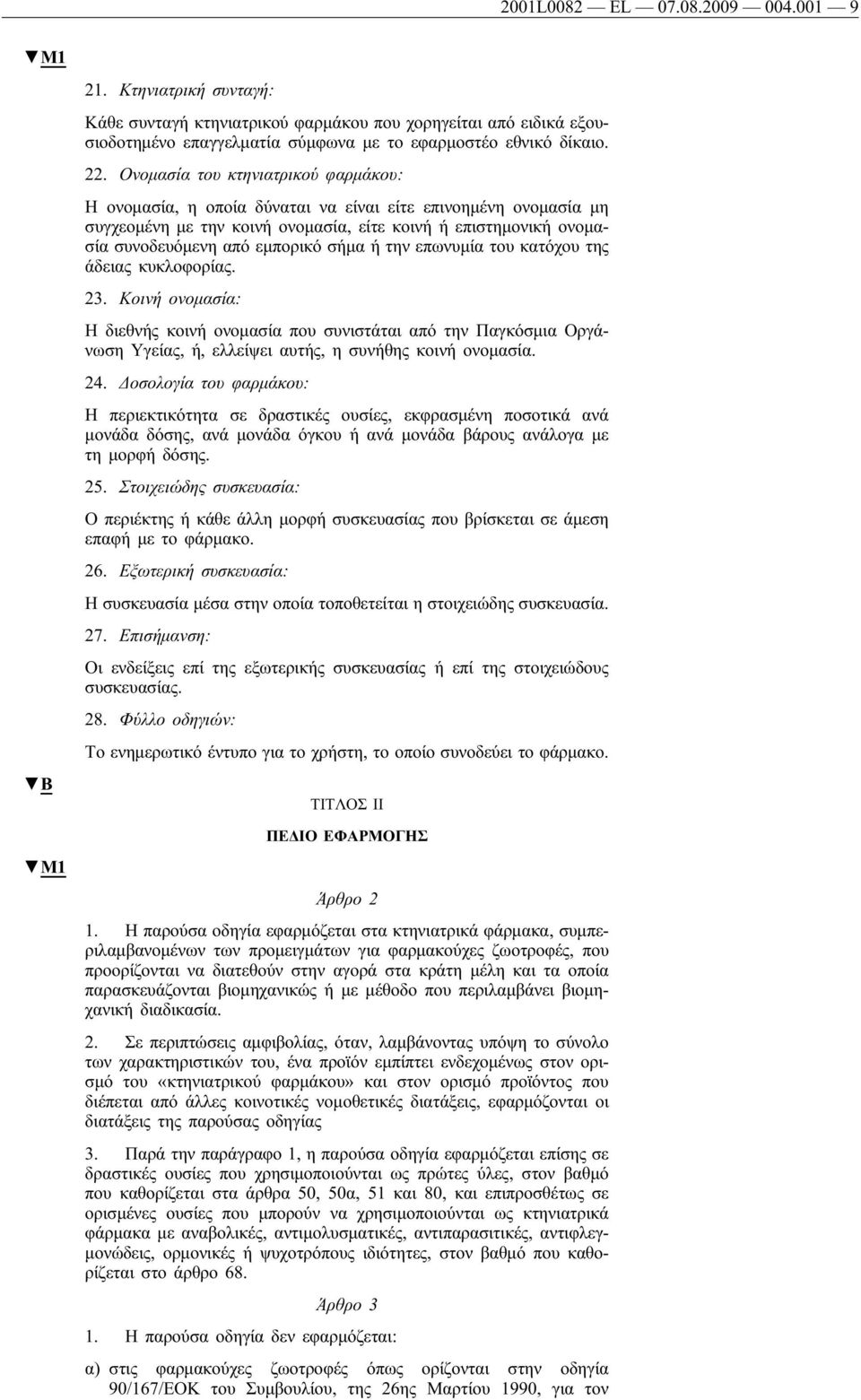 την επωνυμία του κατόχου της άδειας κυκλοφορίας. 23. Κοινή ονομασία: Η διεθνής κοινή ονομασία που συνιστάται από την Παγκόσμια Οργάνωση Υγείας, ή, ελλείψει αυτής, η συνήθης κοινή ονομασία. 24.