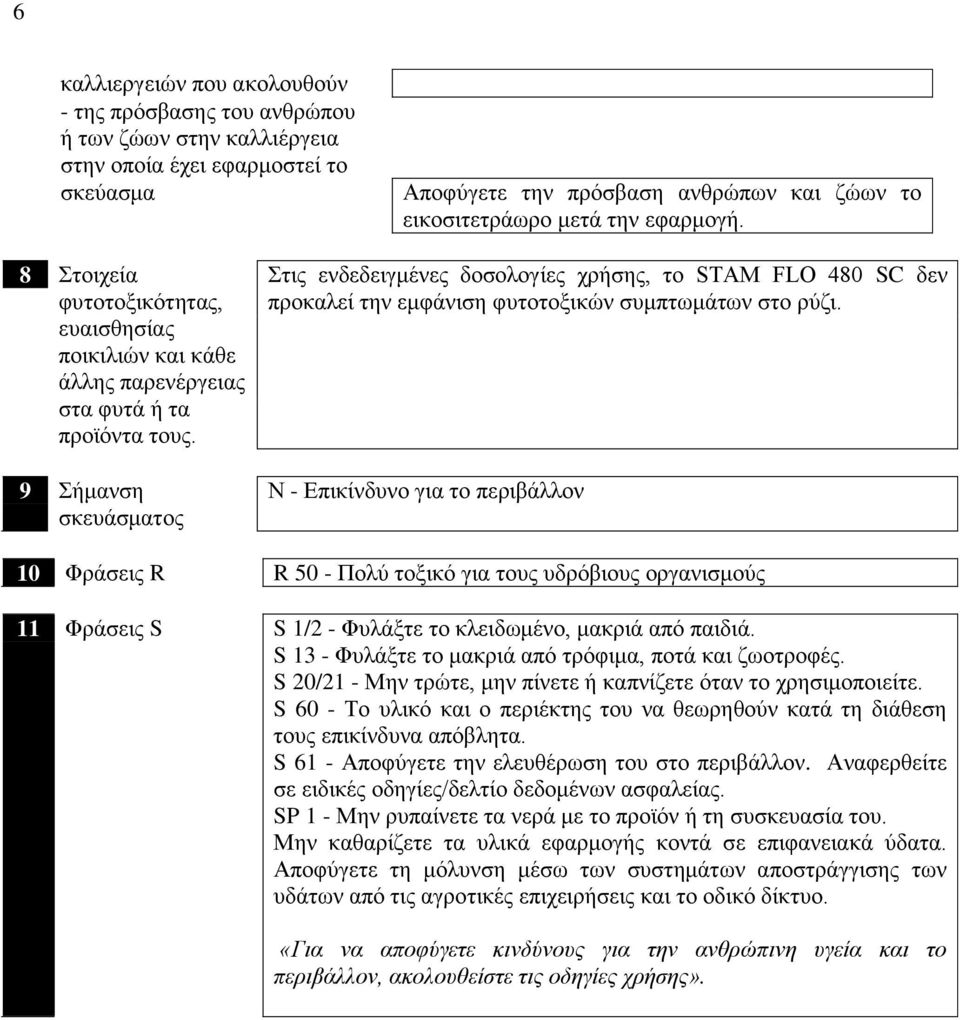 9 Σήμανση σκευάσματος Στις ενδεδειγμένες δοσολογίες χρήσης, το STAM FLO 480 SC δεν προκαλεί την εμφάνιση φυτοτοξικών συμπτωμάτων στο ρύζι.