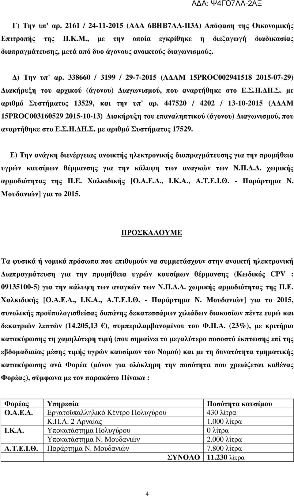 338660 / 3199 / 29-7-2015 (Α ΑΜ 15PROC002941518 2015-07-29) ιακήρυξη του αρχικού (άγονου) ιαγωνισµού, που αναρτήθηκε στο Ε.Σ.Η. Η.Σ. µε αριθµό Συστήµατος 13529, και την υπ' αρ.