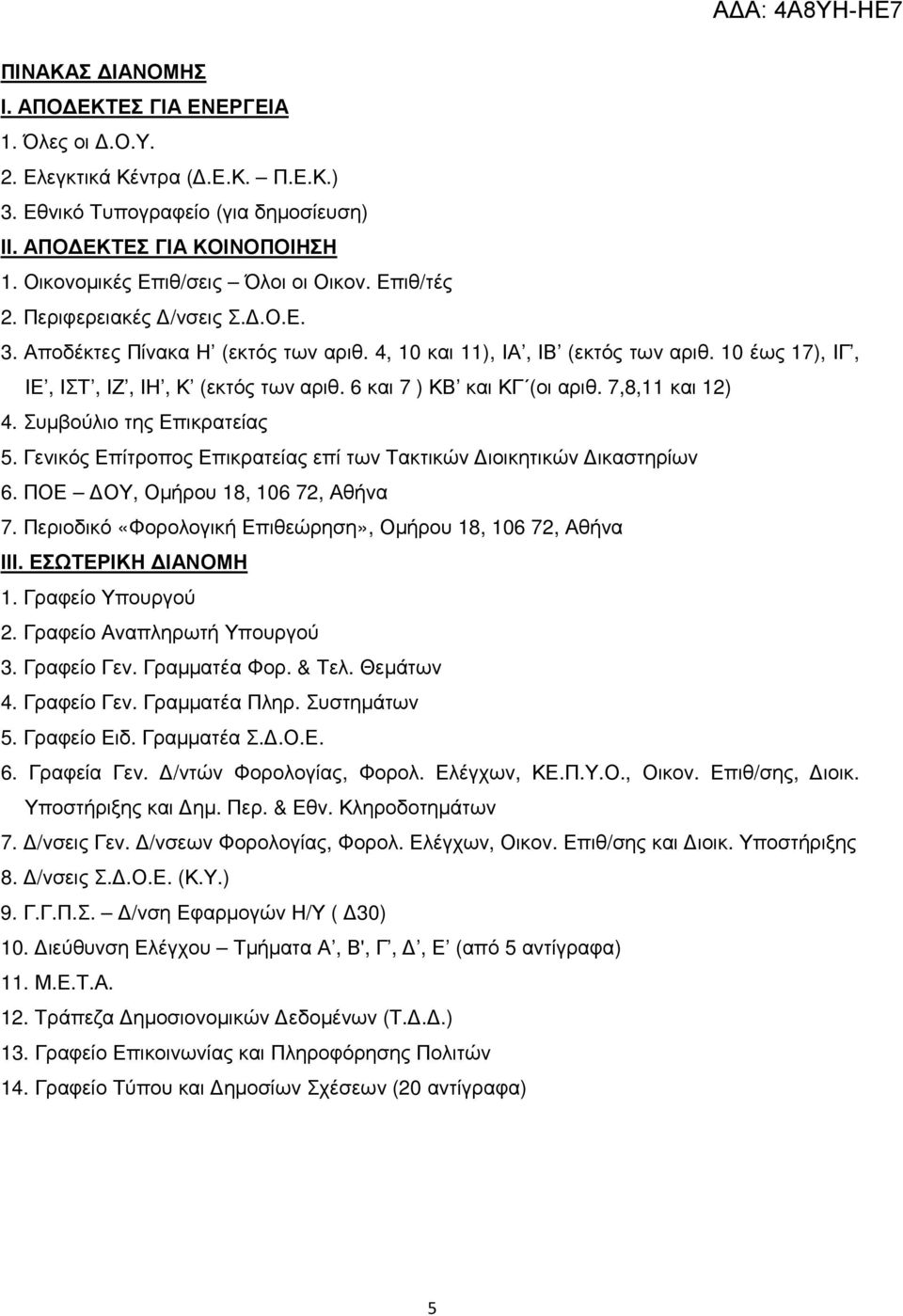 10 έως 17), ΙΓ, ΙΕ, ΙΣΤ, ΙΖ, ΙΗ, Κ (εκτός των αριθ. 6 και 7 ) ΚΒ και ΚΓ (οι αριθ. 7,8,11 και 12) 4. Συµβούλιο της Επικρατείας 5. Γενικός Επίτροπος Επικρατείας επί των Τακτικών ιοικητικών ικαστηρίων 6.