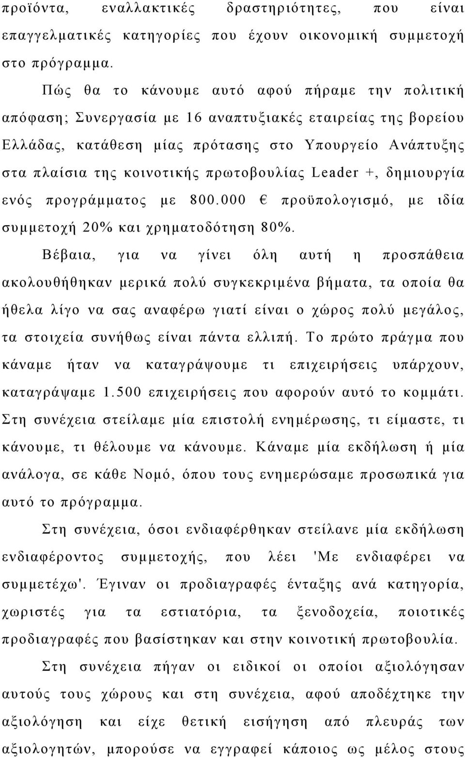 πρωτοβουλίας Leader +, δημιουργία ενός προγράμματος με 800.000 προϋπολογισμό, με ιδία συμμετοχή 20% και χρηματοδότηση 80%.