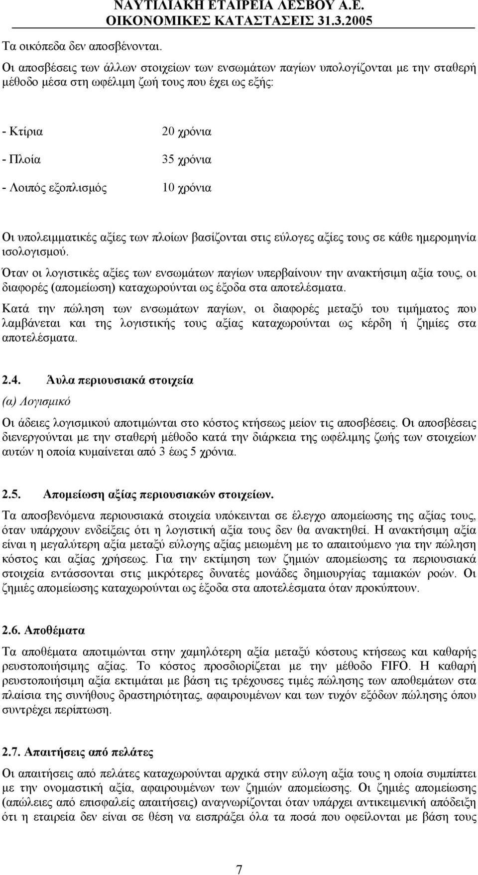 εξοπλισμός 10 χρόνια Οι υπολειμματικές αξίες των πλοίων βασίζονται στις εύλογες αξίες τους σε κάθε ημερομηνία ισολογισμού.