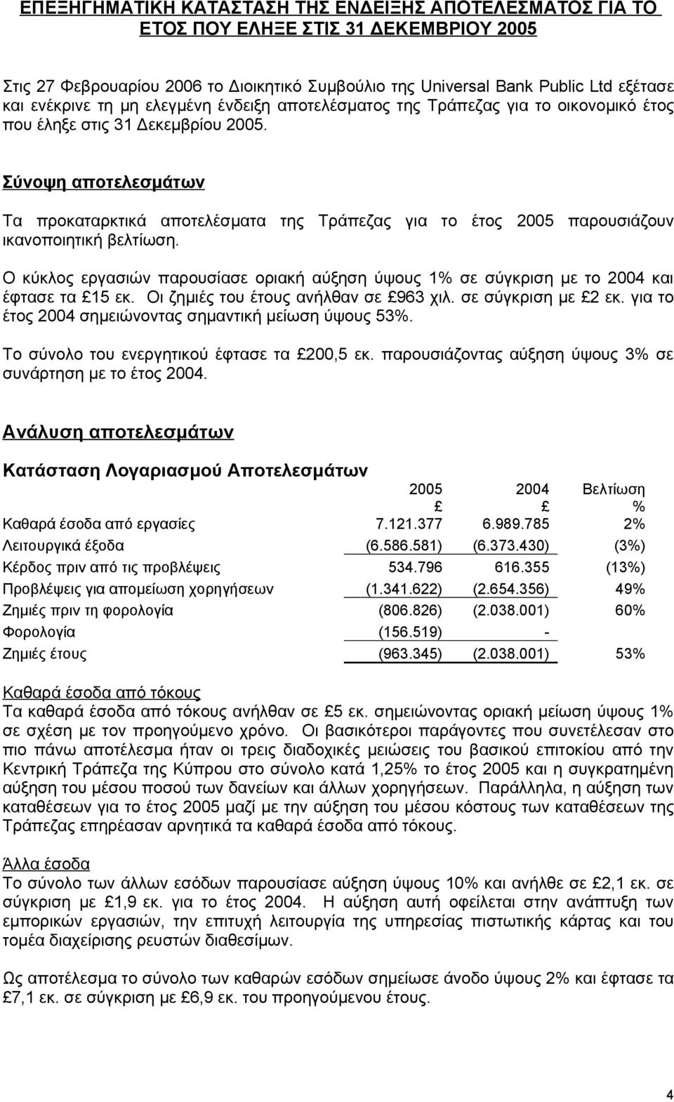 Σύνοψη αποτελεσμάτων Τα προκαταρκτικά αποτελέσματα της Τράπεζας για το έτος 2005 παρουσιάζουν ικανοποιητική βελτίωση.