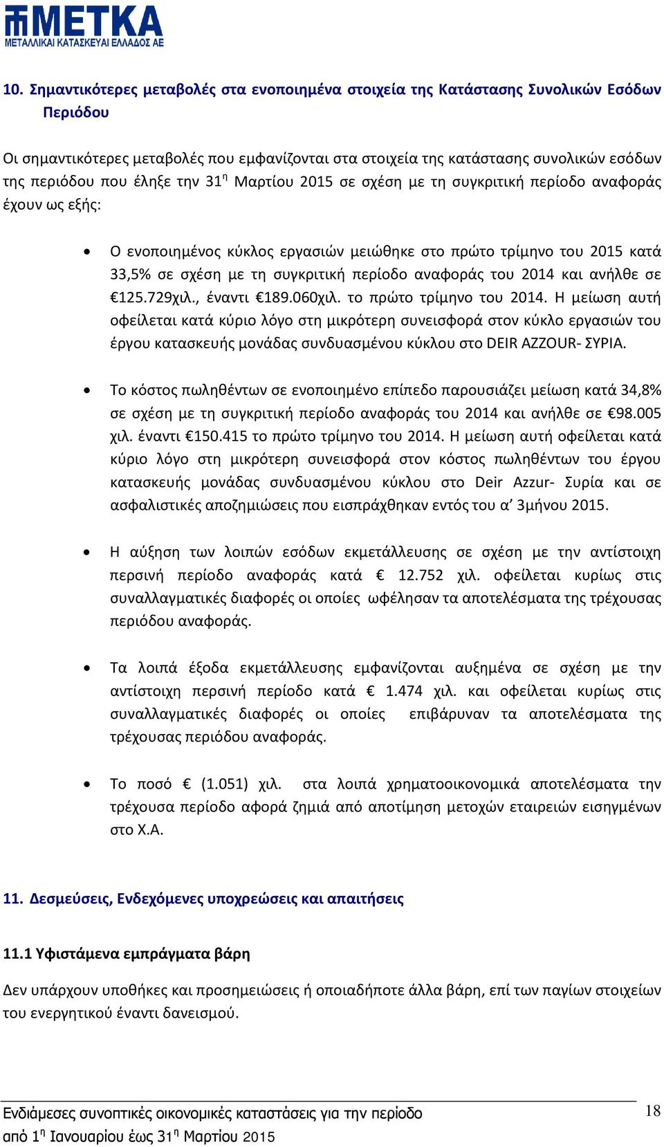 περίοδο αναφοράς του 2014 και ανήλθε σε 125.729χιλ., έναντι 189.060χιλ. το πρώτο τρίμηνο του 2014.