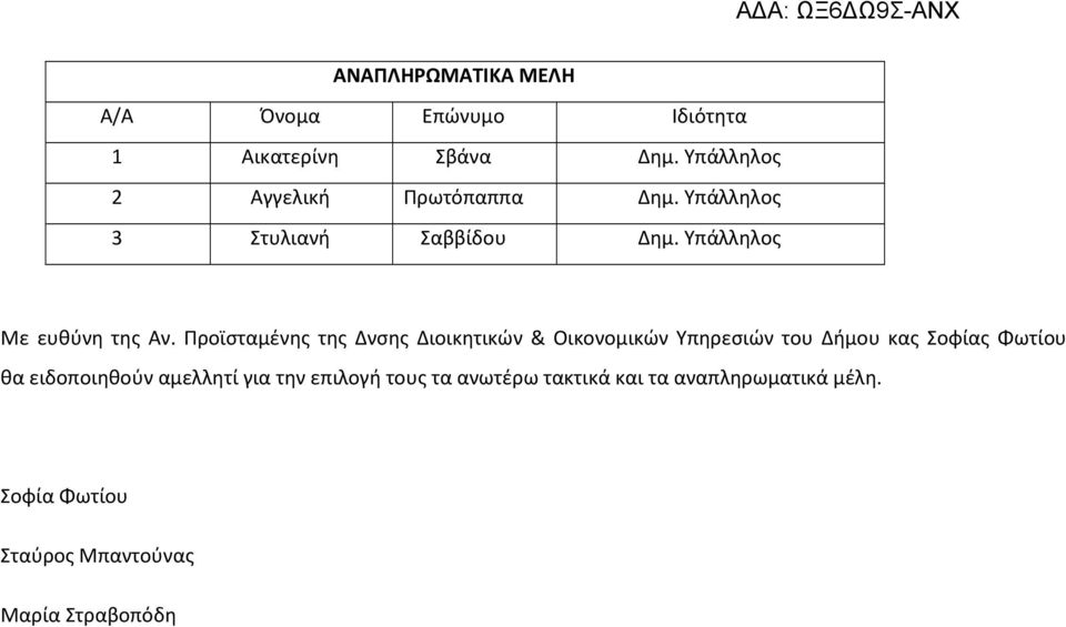 Προϊσταμένης της Δνσης Διοικητικών & Οικονομικών Υπηρεσιών του Δήμου κας Σοφίας Φωτίου θα