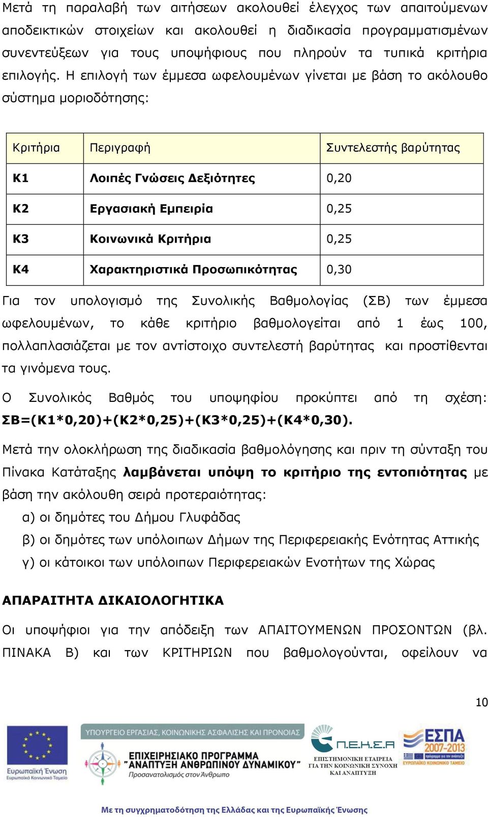 Η επιλογή των έμμεσα ωφελουμένων γίνεται με βάση το ακόλουθο σύστημα μοριοδότησης: Κριτήρια Περιγραφή Συντελεστής βαρύτητας Κ1 Λοιπές Γνώσεις Δεξιότητες 0,20 Κ2 Εργασιακή Εμπειρία 0,25 Κ3 Κοινωνικά