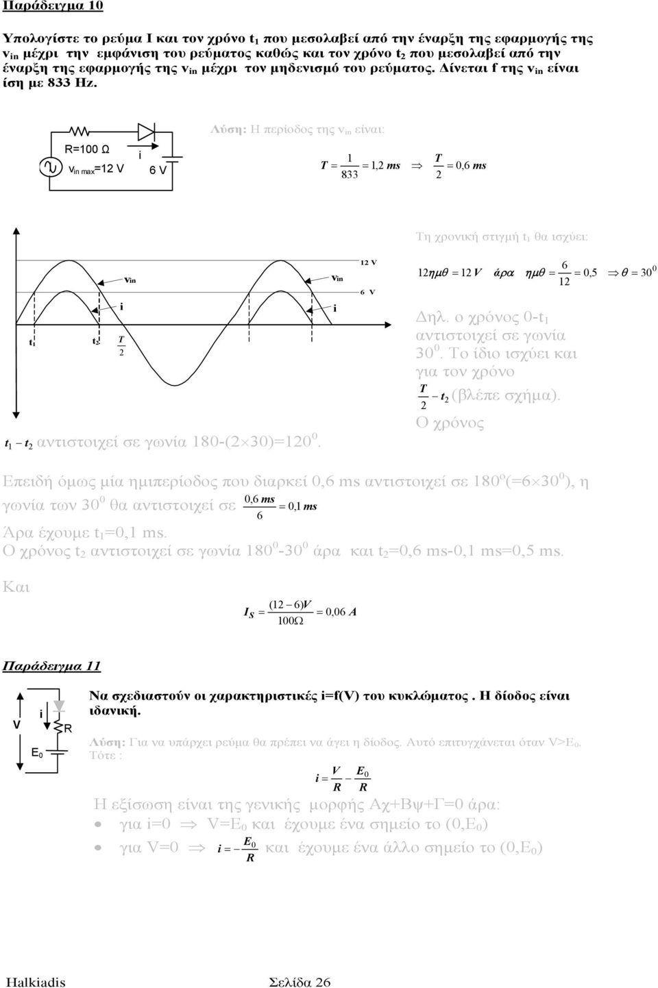 Λύση: Η περίοδος της v n είναι: R=100 Ω v n max =12 V 6 V 1 T T = = 1,2 ms = 0, 6 ms 833 2 Τη χρονική στιγµή t 1 θα ισχύει: t 1 t 2 T 2 vn t1 t 2 αντιστοιχεί σε γωνία 180-(2 30)=120 0.
