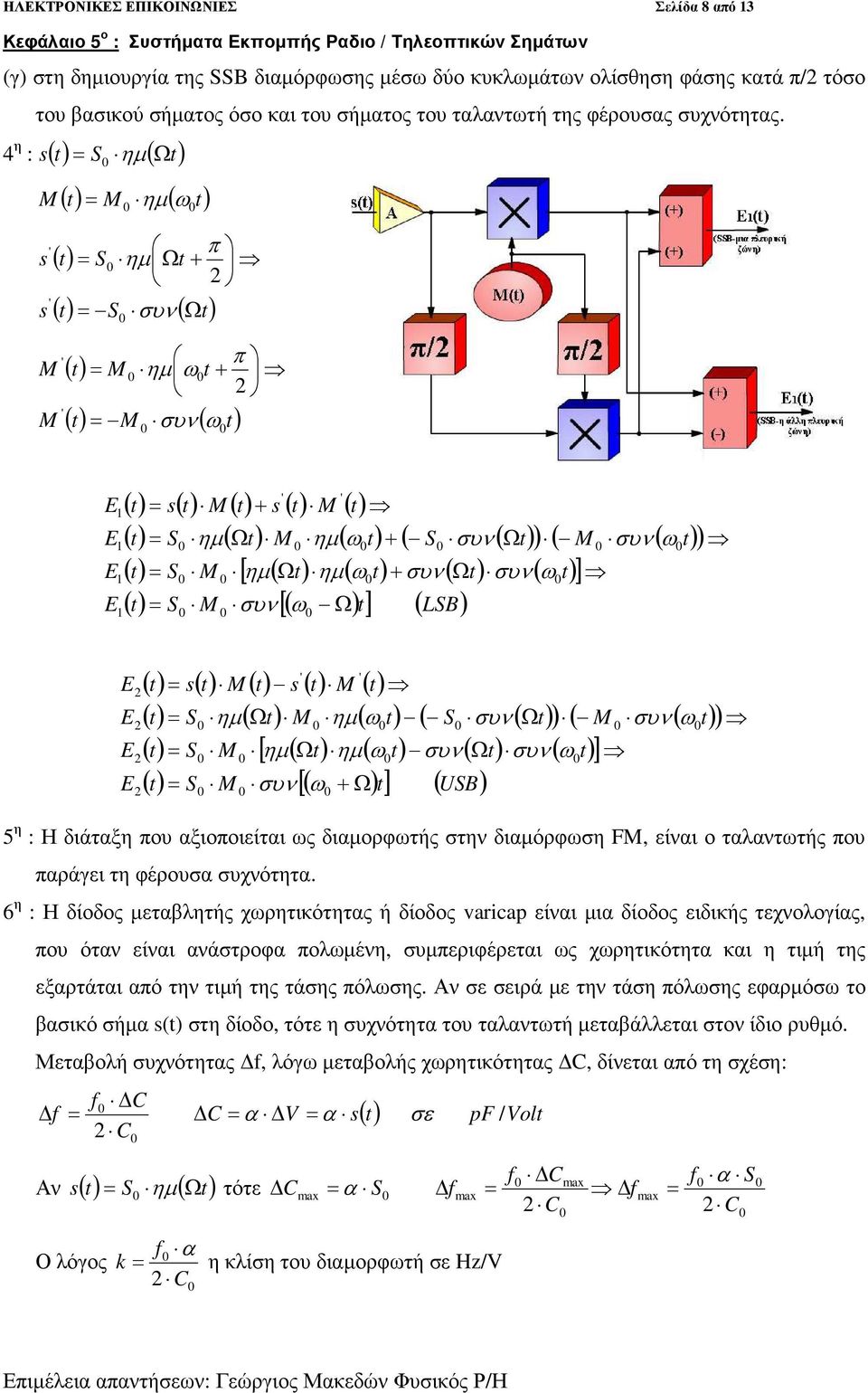 4 η : s( t) S ηµ ( Ωt) ( t) M ηµ ( t) M ω ' s ' s M M ( t) S π ηµ Ωt+ ( t) S συν( Ωt) ( t) ' M π ηµ ωt+ ( t) M συν( ω t) ' 5 η : Η διάταξη που αξιοποιείται ως διαµορφωτής στην διαµόρφωση M, είναι ο