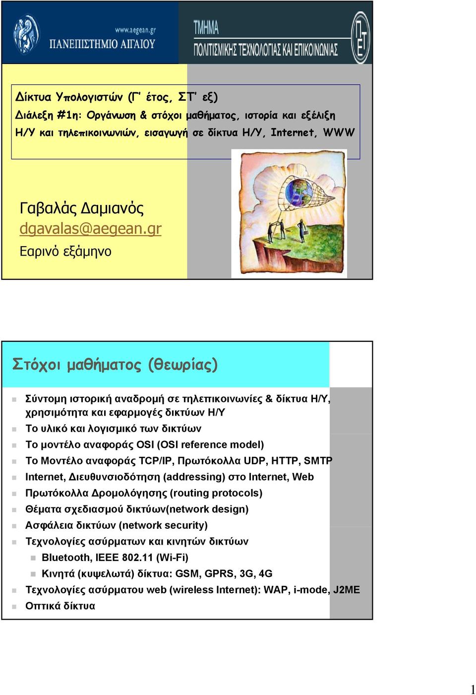 OSI (OSI reference model) To Μοντέλο αναφοράς TCP/IP, Πρωτόκολλα UDP, HTTP, SMTP Internet, Διευθυνσιοδότηση (addressing) στο Internet, Web Πρωτόκολλα Δρομολόγησης (routing protocols) Θέματα