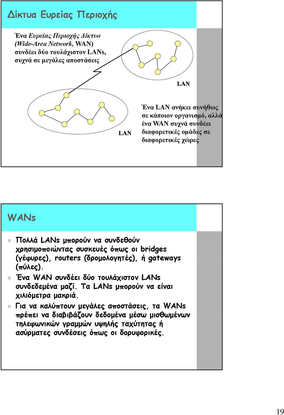 bridges (γέφυρες), routers (δρομολογητές), ή gateways (πύλες). Ένα WAN συνδέει δύο τουλάχιστον LANs συνδεδεμένα μαζί. Τα LANs μπορούν να είναι χιλιόμετρα μακριά.
