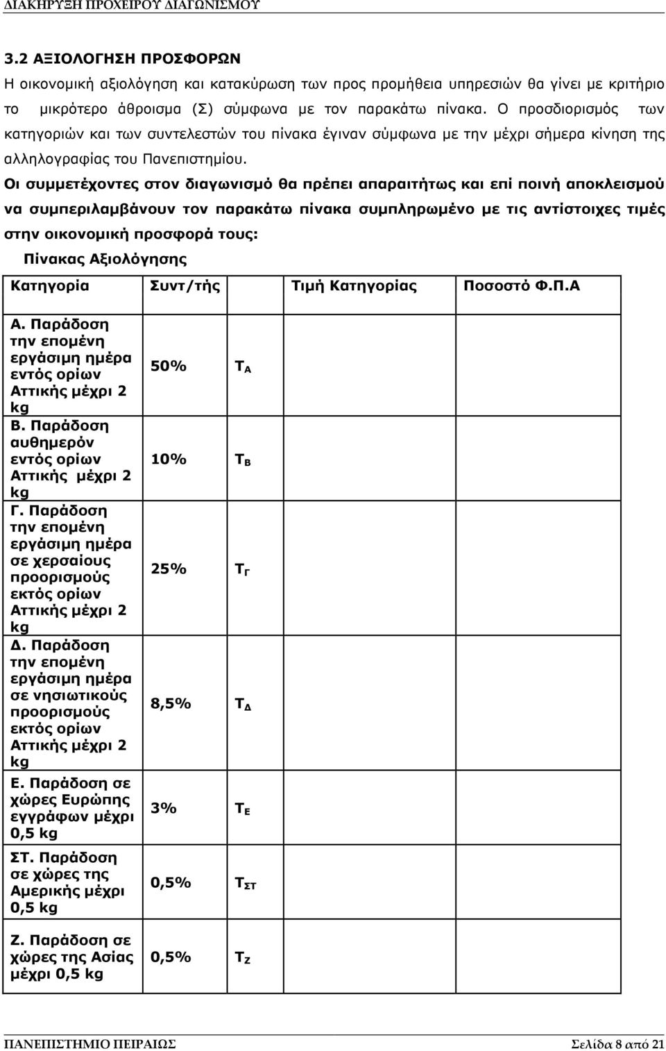 Οι συµµετέχοντες στον διαγωνισµό θα πρέπει απαραιτήτως και επί ποινή αποκλεισµού να συµπεριλαµβάνουν τον παρακάτω πίνακα συµπληρωµένο µε τις αντίστοιχες τιµές στην οικονοµική προσφορά τους: Πίνακας