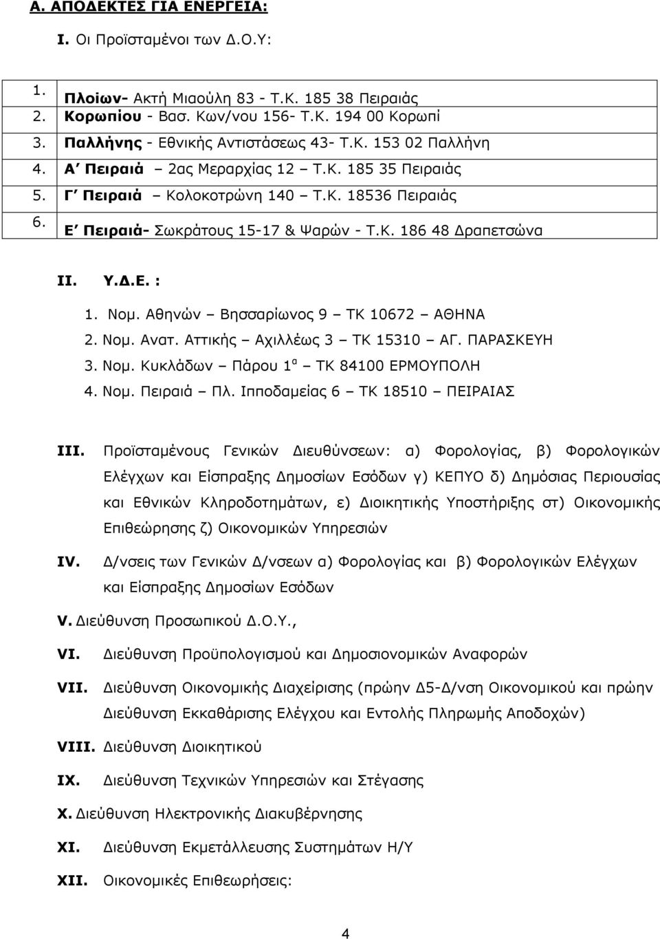 Αθηνών Βησσαρίωνος 9 ΤΚ 10672 ΑΘΗΝΑ 2. Νομ. Ανατ. Αττικής Αχιλλέως 3 ΤΚ 15310 ΑΓ. ΠΑΡΑΣΚΕΥΗ 3. Νομ. Κυκλάδων Πάρου 1 α ΤΚ 84100 ΕΡΜΟΥΠΟΛΗ 4. Νομ. Πειραιά Πλ. Ιπποδαμείας 6 ΤΚ 18510 ΠΕΙΡΑΙΑΣ III. IV.