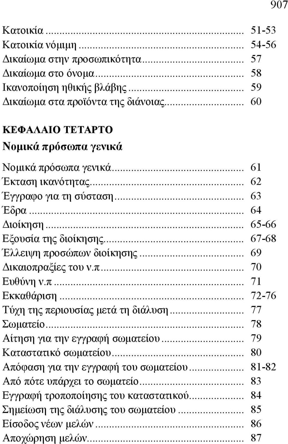 .. 67-68 Έλλειψη προσώπων διοίκησης... 69 Δικαιοπραξίες του ν.π... 70 Ευθύνη ν.π... 71 Εκκαθάριση... 72-76 Τύχη της περιουσίας μετά τη διάλυση... 77 Σωματείο... 78 Αίτηση για την εγγραφή σωματείου.