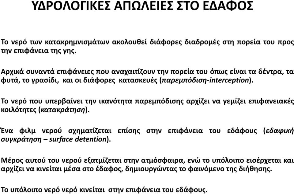 Το νερό που υπερβαίνει την ικανότητα παρεμπόδισης αρχίζει να γεμίζει επιφανειακές κοιλότητες (κατακράτηση).