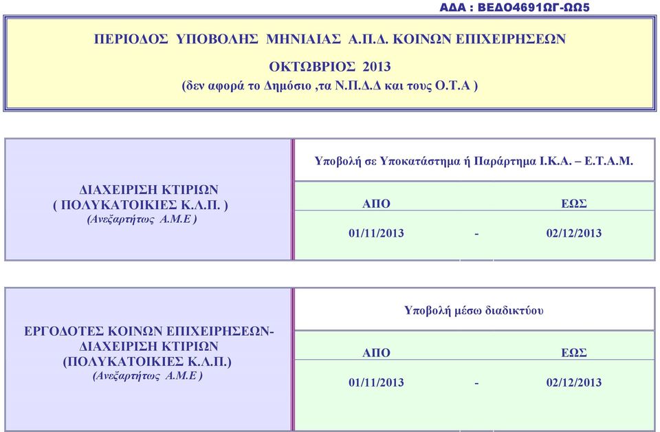 ( ΠΟΛΥΚΑΤΟΙΚΙΕΣ Κ.Λ.Π. ) 01/11/2013-02/12/2013 ΕΡΓΟΔΟΤΕΣ ΚΟΙΝΩΝ ΕΠΙΧΕΙΡΗΣΕΩΝ- (ΠΟΛΥΚΑΤΟΙΚΙΕΣ Κ.