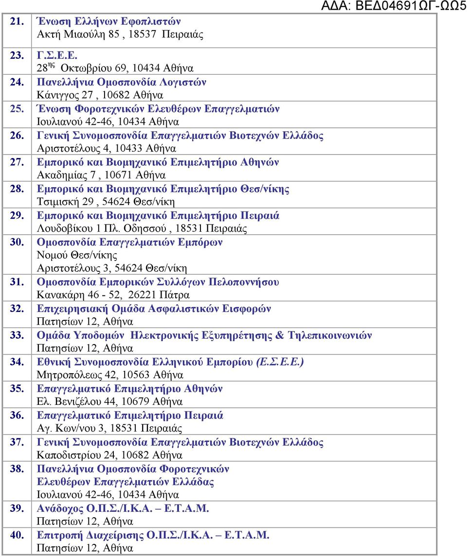 Εμπορικό και Βιομηχανικό Επιμελητήριο Αθηνών Ακαδημίας 7, 10671 Αθήνα 28. Εμπορικό και Βιομηχανικό Επιμελητήριο Θεσ/νίκης Τσιμισκή 29, 54624 Θεσ/νίκη 29.
