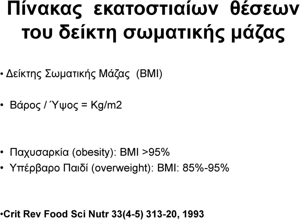 Παχυσαρκία (obesity): BMI >95% Υπέρβαρο Παιδί