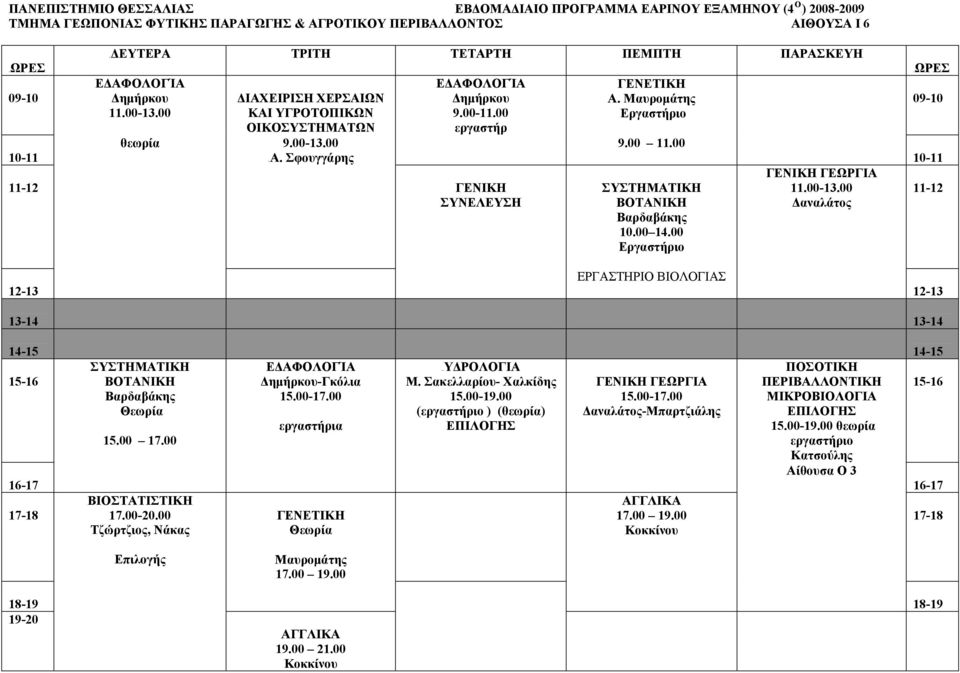 00 14.00 ΓΕΝΙΚΗ ΓΕΩΡΓΙΑ 5BΩΡΕΣ ΕΡΓΑΣΤΗΡΙ ΒΙΛΓΙΑΣ ΣΥΣΤΗΜΑΤΙΚΗ ΒΤΑΝΙΚΗ ΕΔΑΦΛΓΊΑ Δημήρκου-Γκόλια 3BΥΔΡΛΓΙΑ Μ. Σακελλαρίου- λκίδης ΓΕΝΙΚΗ ΓΕΩΡΓΙΑ -Μπαρτζιάλης 15.00 17.