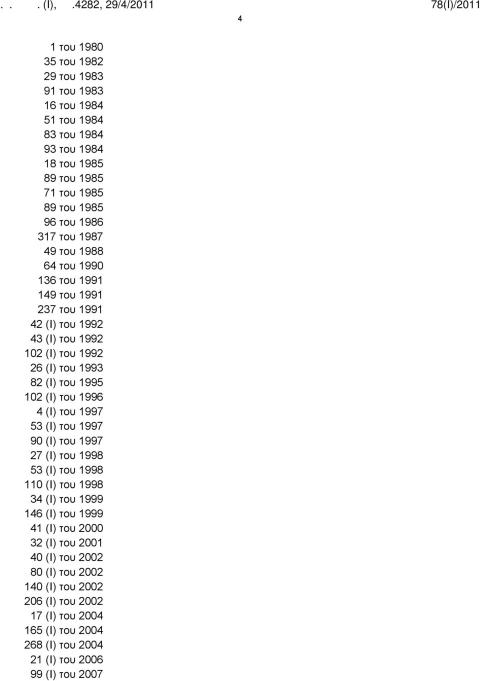 102 (Ι) του 1996 4 (Ι) του 1997 53 (Ι) του 1997 90 (Ι) του 1997 27 (Ι) του 1998 53 (Ι) του 1998 110 (Ι) του 1998 34 (Ι) του 1999 146 (Ι) του 1999 41 (Ι) του