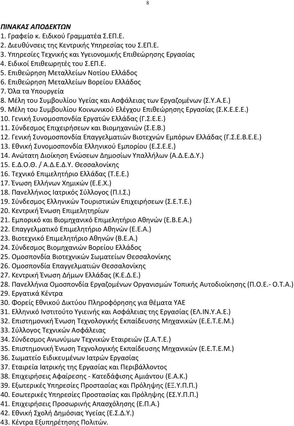 Μέλη του Συμβουλίου Κοινωνικού Ελέγχου Επιθεώρησης Εργασίας (Σ.Κ.Ε.Ε.Ε.) 10. Γενική Συνομοσπονδία Εργατών Ελλάδας (Γ.Σ.Ε.Ε.) 11. Σύνδεσμος Επιχειρήσεων και Βιομηχανιών (Σ.Ε.Β.) 12.