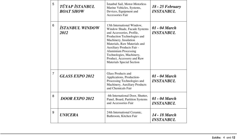 Product, Accessory and Raw Materials Special Section 01-04 March 7 GLASS EXPO Glass Products and Applications, Production- Processing Technologies and Machinery, Auxiliary Products and Chemicals Fair