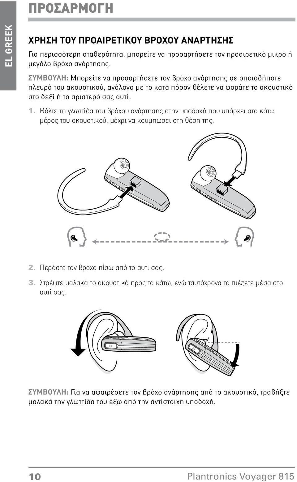 του βρόχου ανάρτησης στην υποδοχή που υπάρχει στο κάτω μέρος του ακουστικού, μέχρι να κουμπώσει στη θέση της Περάστε τον βρόχο πίσω από το αυτί σας Στρέψτε μαλακά το ακουστικό προς