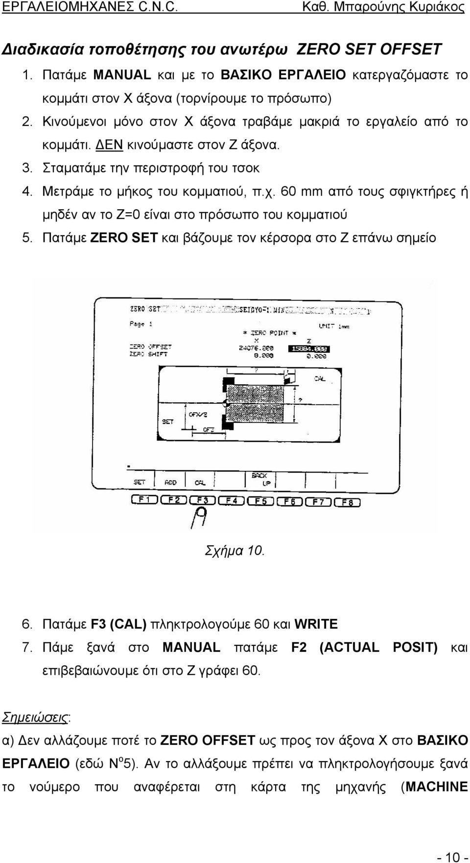 60 mm από τους σφιγκτήρες ή µηδέν αν το Ζ=0 είναι στο πρόσωπο του κοµµατιού 5. Πατάµε ZERO SET και βάζουµε τον κέρσορα στο Ζ επάνω σηµείο Σχήµα 10. 6. Πατάµε F3 (CAL) πληκτρολογούµε 60 και WRITE 7.
