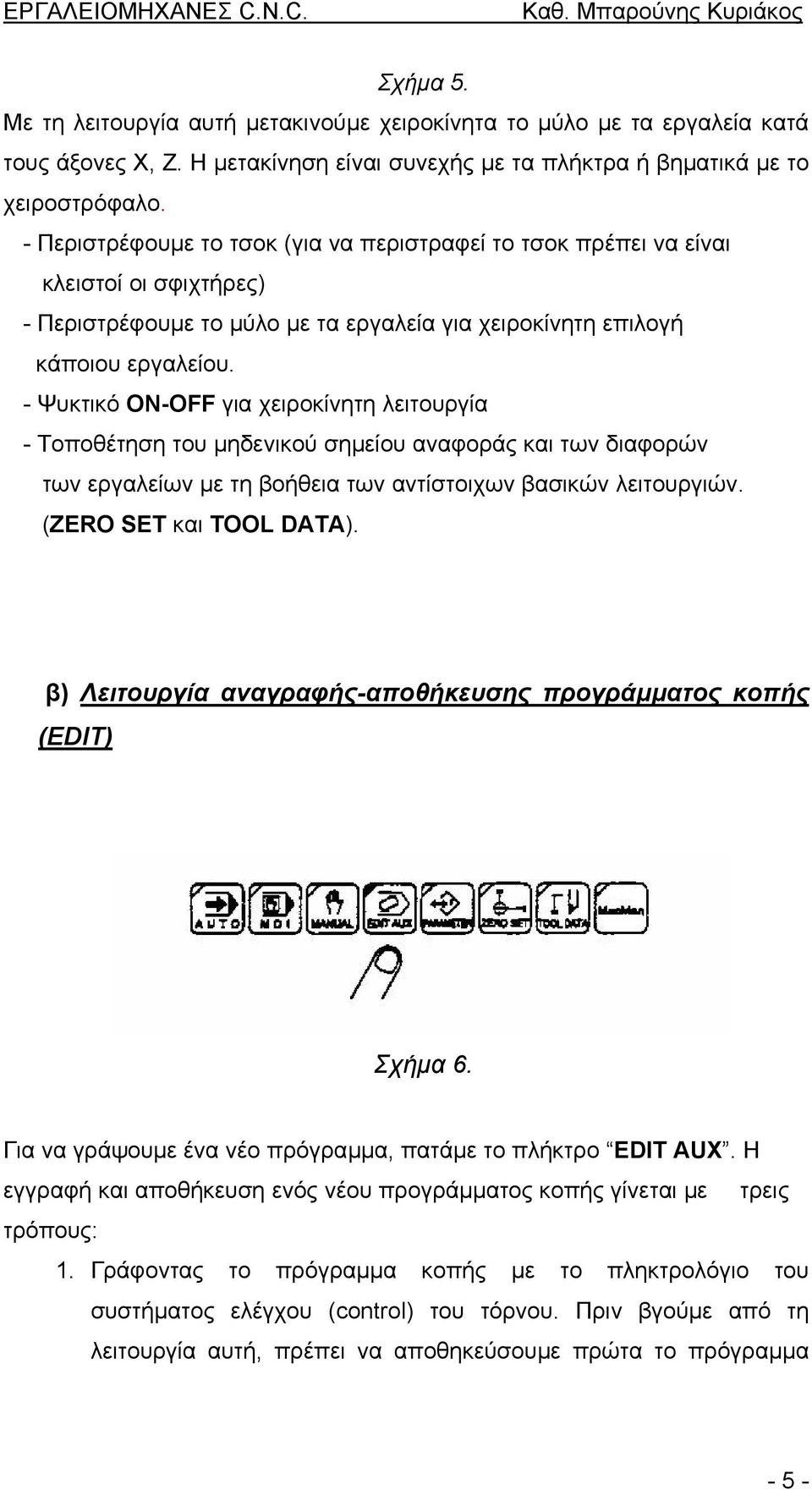 - Ψυκτικό ON-OFF για χειροκίνητη λειτουργία - Τοποθέτηση του µηδενικού σηµείου αναφοράς και των διαφορών των εργαλείων µε τη βοήθεια των αντίστοιχων βασικών λειτουργιών. (ZERO SET και TOOL DATA).