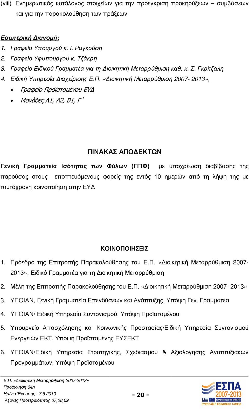 «ιοικητική Μεταρρύθµιση 2007-2013», Γραφείο Προϊσταµένου ΕΥ Μονάδες Α1, Α2, Β1, Γ ΠΙΝΑΚΑΣ ΑΠΟ ΕΚΤΩΝ Γενική Γραµµατεία Ισότητας των Φύλων (ΓΓΙΦ) µε υποχρέωση διαβίβασης της παρούσας στους
