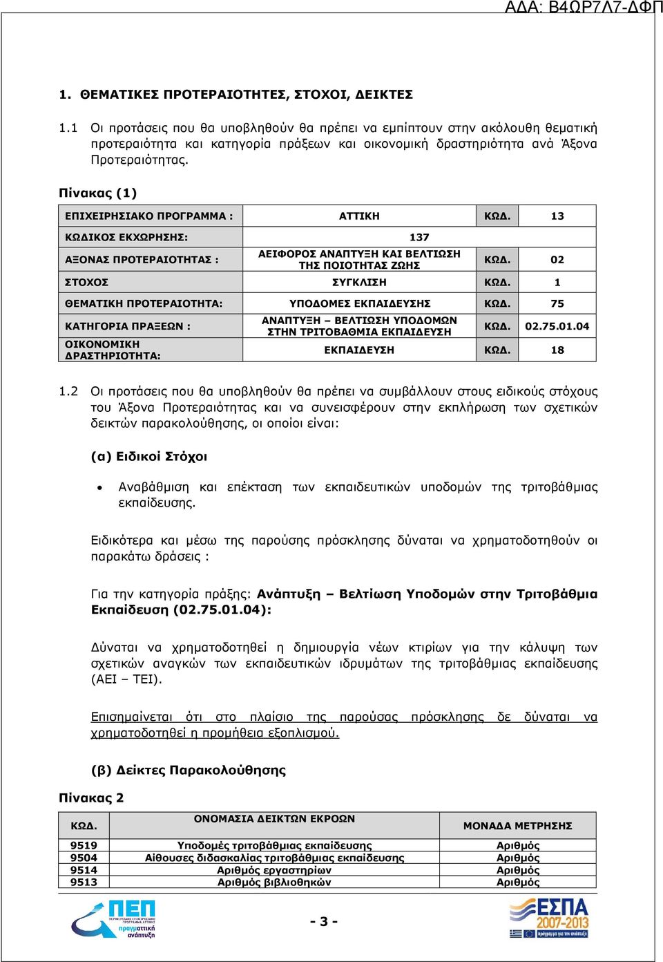 Πίνακας (1) ΕΠΙΧΕΙΡΗΣΙΑΚΟ ΠΡΟΓΡΑΜΜΑ : ΑΤΤΙΚΗ ΚΩ. 13 ΚΩ ΙΚΟΣ ΕΚΧΩΡΗΣΗΣ: 137 ΑΞΟΝΑΣ ΠΡΟΤΕΡΑΙΟΤΗΤΑΣ : ΑΕΙΦΟΡΟΣ ΑΝΑΠΤΥΞΗ ΚΑΙ ΒΕΛΤΙΩΣΗ ΤΗΣ ΠΟΙΟΤΗΤΑΣ ΖΩΗΣ ΚΩ. 02 ΣΤΟΧΟΣ ΣΥΓΚΛΙΣΗ ΚΩ.