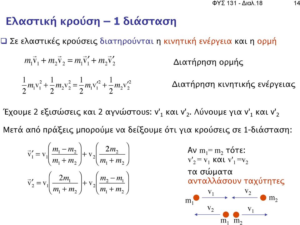 1 m v 1 1 + 1 m v = 1 m v 1 1 + 1 m v Διατήρηση κινητικής ενέργειας Έχουμε εξισώσεις και αγνώστουs: v' 1 και v'.